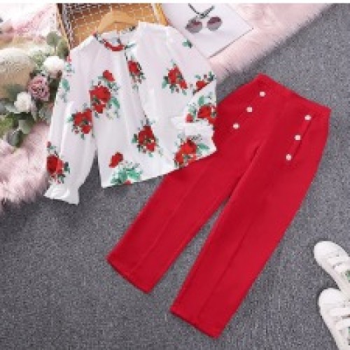WHITE TOP RED PANT SET